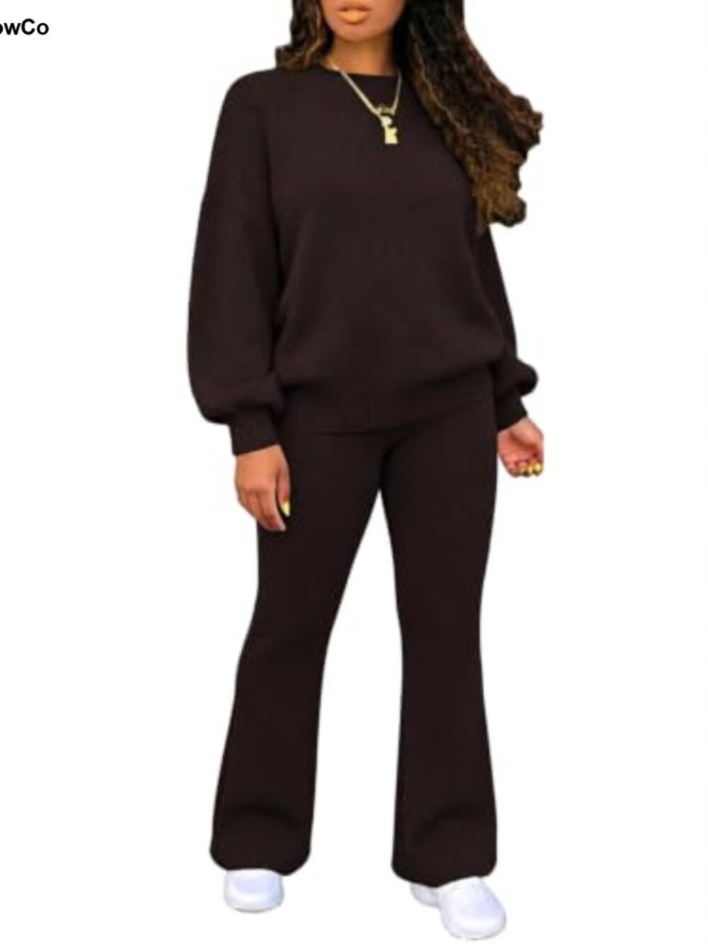 Women's Two Piece Knit Sweater Set Long Sleeve Crew Neck with Flare Pants
